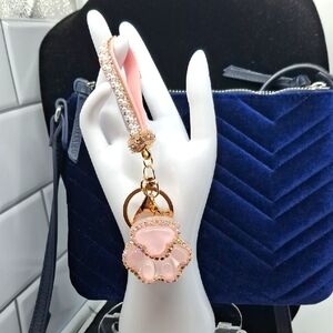 Pink and Gold Cat Kitty Paw Rhinestone Embellished Bag Charm Keychain
